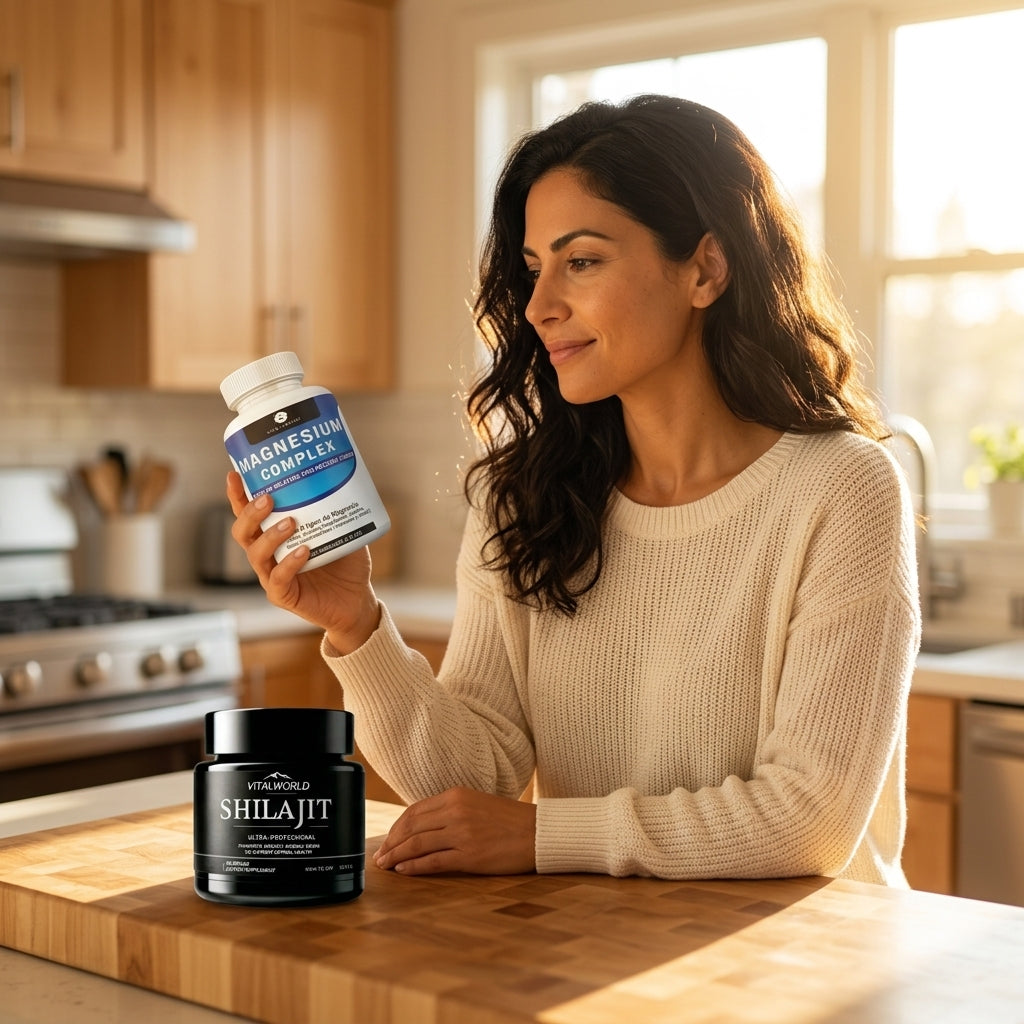 Combo Magnesio + Shilajit — Mujer en cocina matutina